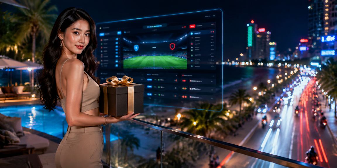 Màn hình phân tích kèo cá cược thể thao với ánh đèn neon rực rỡ tại Nha Trang về đêm