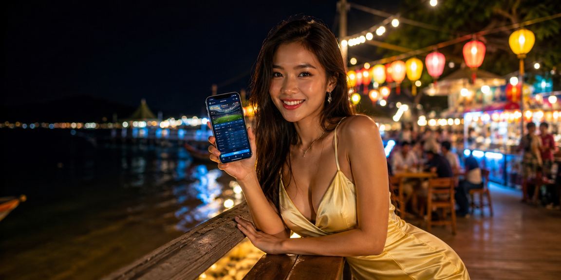 Người dùng đọc phân tích kèo trên điện thoại tại chợ đêm Phú Quốc với không khí lễ hội